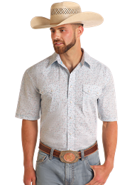RMN3S05672 MEN&#39;S PANHANDLE BLUE PRINT SHORT-SLEEVE PEARL SNAP WESTERN SHIRT