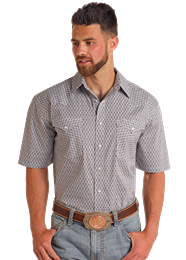 RMN3S05668 MEN&#39;S PANHANDLE BLUE PRINT SHORT-SLEEVE PEARL SNAP WESTERN SHIRT