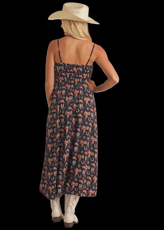 BWD0R05870 WOMEN'S ROCK &amp; ROLL BLACK CONVERSATIONAL MIDI DRESS