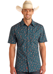 BMN3S05853 MEN&#39;S ROCK &amp; ROLL TEAL WESTERN PRINT SHORT-SLEEVE PEARL SNAP WESTERN SHIRT