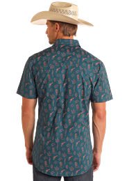 BMN3S05853 MEN'S ROCK &amp; ROLL TEAL WESTERN PRINT SHORT-SLEEVE PEARL SNAP WESTERN SHIRT
