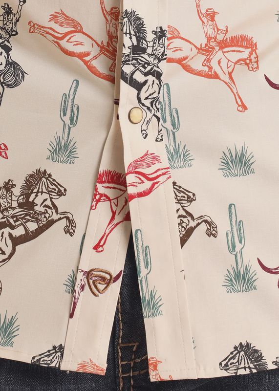 BMN3S05848 MEN'S ROCK &amp; ROLL NATURAL WESTERN HORSE PRINT SHORT-SLEEVE PEARL SNAP WESTERN SHIRT