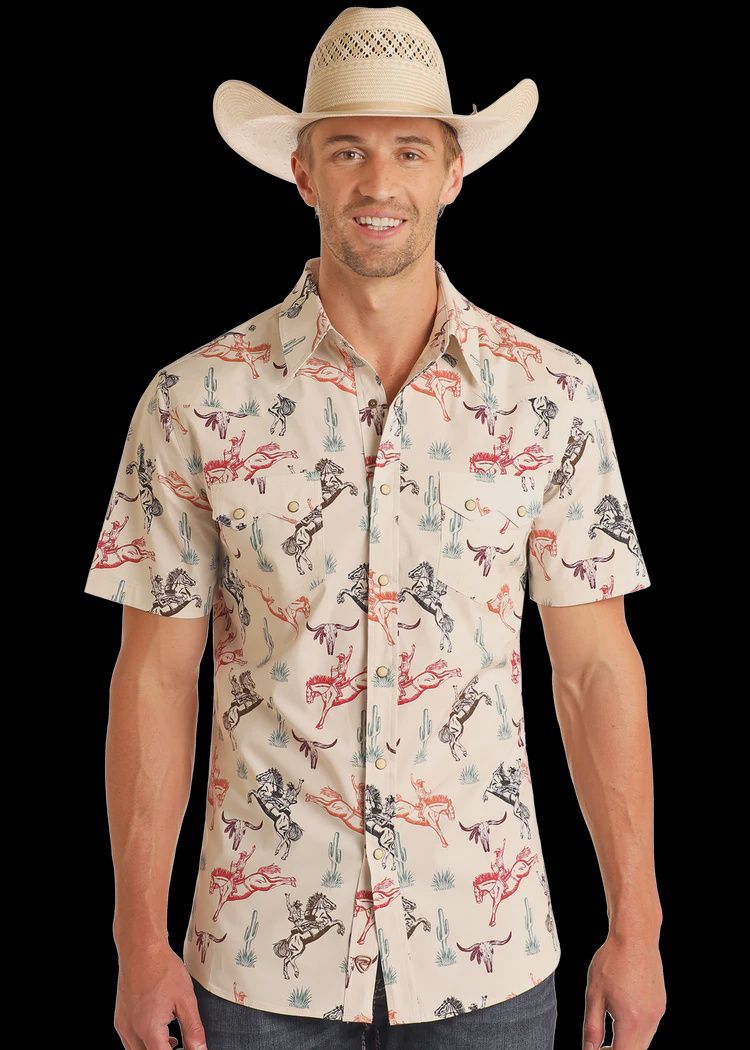 BMN3S05848 MEN&#39;S ROCK &amp; ROLL NATURAL WESTERN HORSE PRINT SHORT-SLEEVE PEARL SNAP WESTERN SHIRT