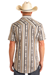 BMN3S05842 MEN'S ROCK &amp; ROLL BLACK AZTEC STRIPE PRINT SHORT-SLEEVE PEARL SNAP WESTERN SHIRT