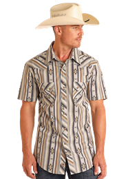 BMN3S05842 MEN&#39;S ROCK &amp; ROLL BLACK AZTEC STRIPE PRINT SHORT-SLEEVE PEARL SNAP WESTERN SHIRT