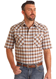 RMN3S05666 MEN&#39;S PANHANDLE BLUE PLAID SHORT-SLEEVE PEARL SNAP WESTERN SHIRT