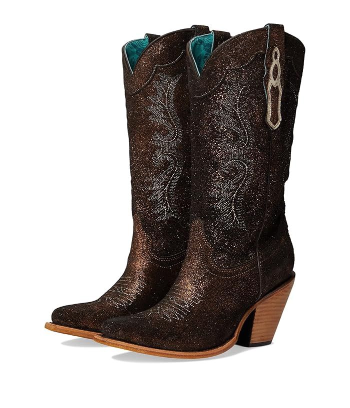 Z5240 WOMEN&#39;S CORRAL 13&quot; COPPER &amp; BLACK METALLIZED LEATHER &amp; EMBROIDERED SNIP-TOE FASHION WESTERN BOOT