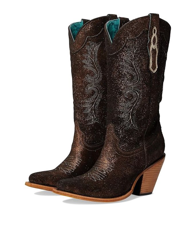 Z5240 WOMEN&#39;S CORRAL 13&quot; COPPER &amp; BLACK METALLIZED LEATHER &amp; EMBROIDERED SNIP-TOE FASHION WESTERN BOOT