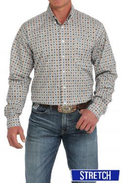MTW1105895 MEN&#39;S CINCH WHITE PRINT LONG-SLEEVE BUTTON DOWN WESTERN SHIRT
