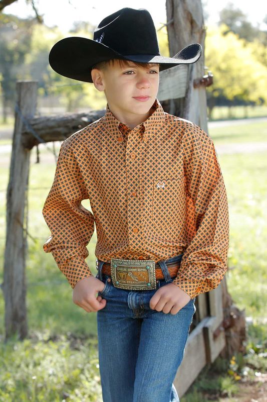 MTW7060373 BOY&#39;S CINCH ARENA FLEX ORANGE PRINT LONG-SLEEVE BUTTON DOWN WESTERN SHIRT