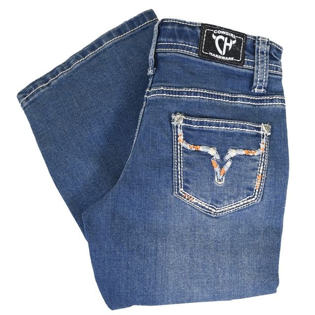 402207-450 YOUTH GIRL&#39;S COWGIRL HARDWARE MEDIUM WASH AZTEC STEER JEAN