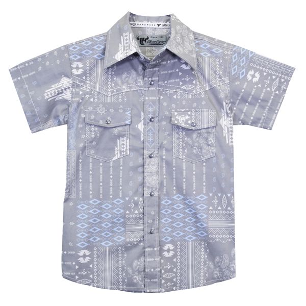 345582-040 BOY&#39;S COWBOY HARDARE AZTEC BANDANA SHORT-SLEEVE PEARL SNAP WESTERN SHIRT