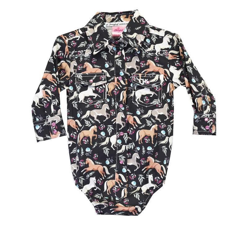 825643R-010 INFANT GIRL&#39;S HORSE &amp; FLOWERS PRINT LONG-SLEEVE WESTERN ROMPER