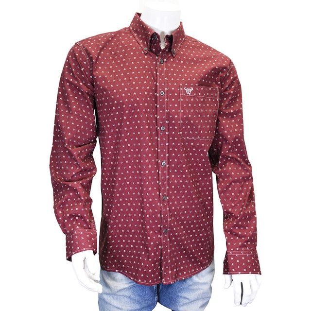 125584-120 MEN&#39;S COWBOY HARDWARE MUTED CHEVRONS LONG-SLEEVE BURGUNDY PRINT BUTTON-DOWN WESTERN SHIRT