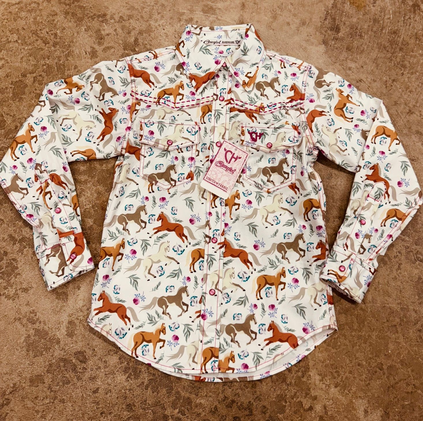 425643-020 GIRL&#39;S COWGIRL HARDWARE HORSE &amp; FLOWERS PRINT LONG-SLEEVE WESTERN SHIRT