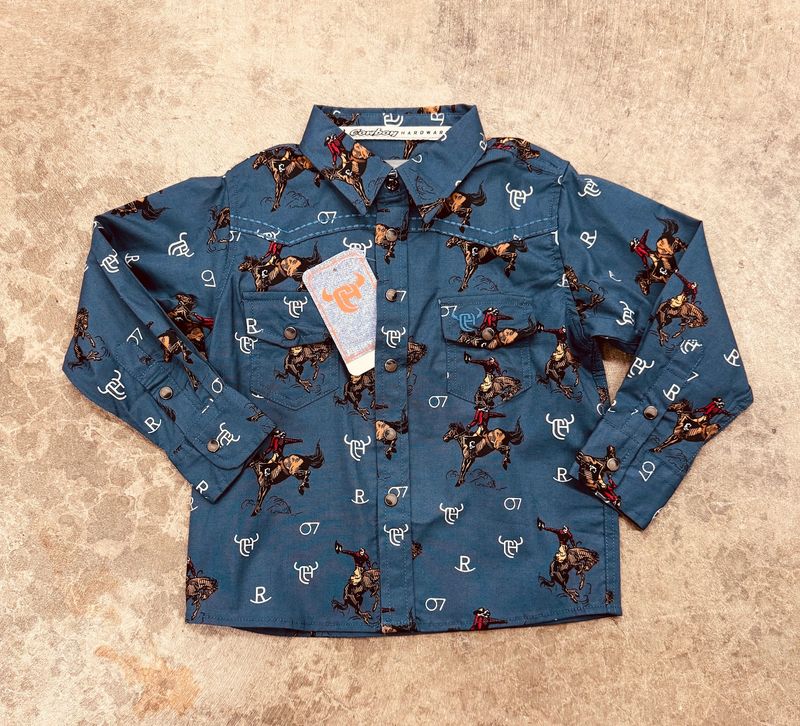 725595-414 TODDLER BOY&#39;S COWBOY HARDWARE VINTAGE BRONC PRINT LONG-SLEEVE WESTERN SHIRT
