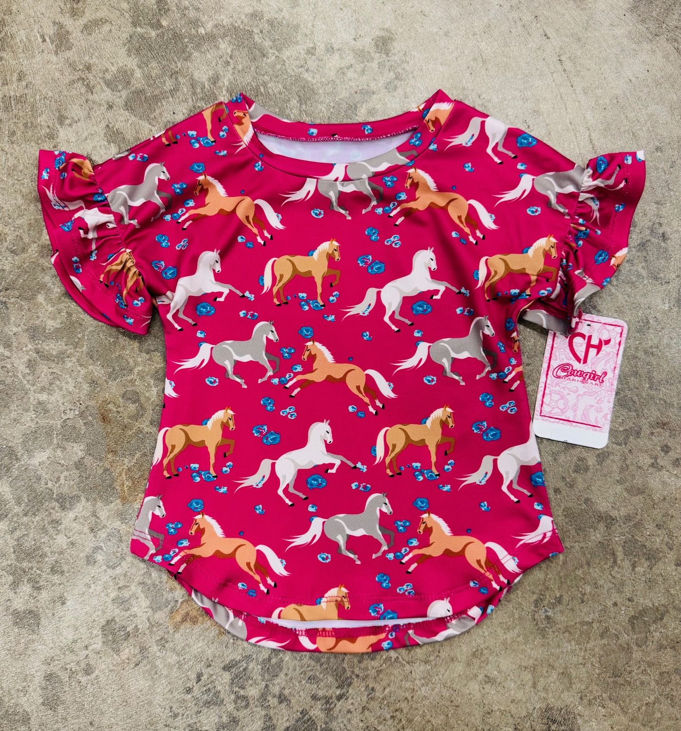 835902-150 INFANT &amp; TODDLER HORSE &amp; FLOWERS BELL SLEEVE - PINK
