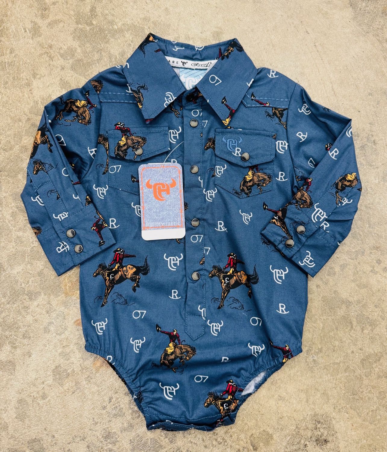 725595R-414 INFANT BOY&#39;S COWBOY HARDWARE VINTAGE BRONC LONG-SLEEVE WESTERN ROMPER