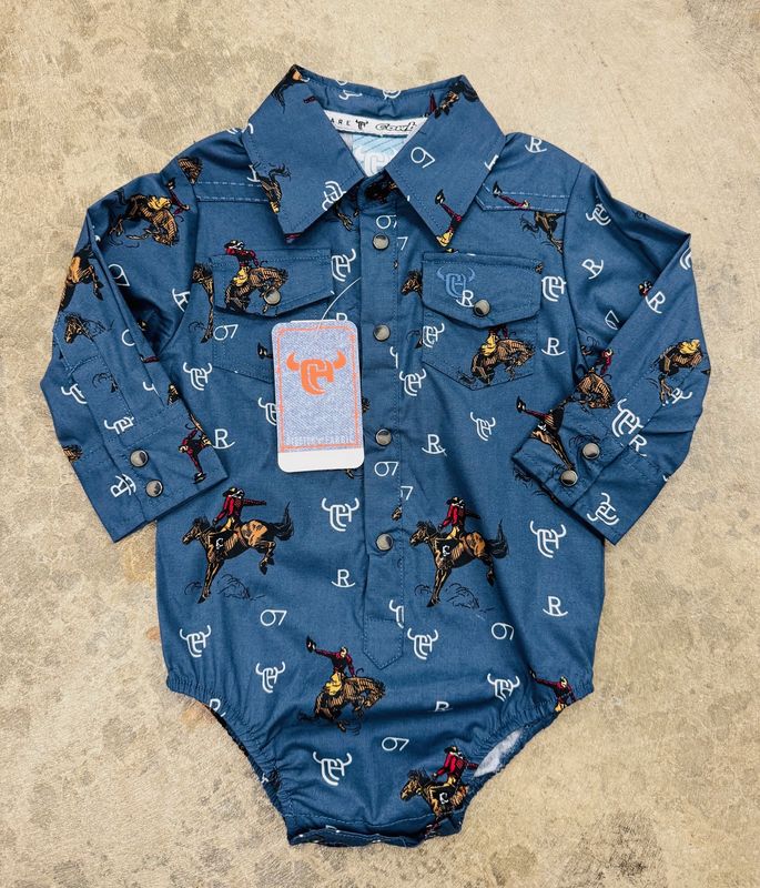 725595R-414 INFANT BOY&#39;S COWBOY HARDWARE VINTAGE BRONC LONG-SLEEVE WESTERN ROMPER