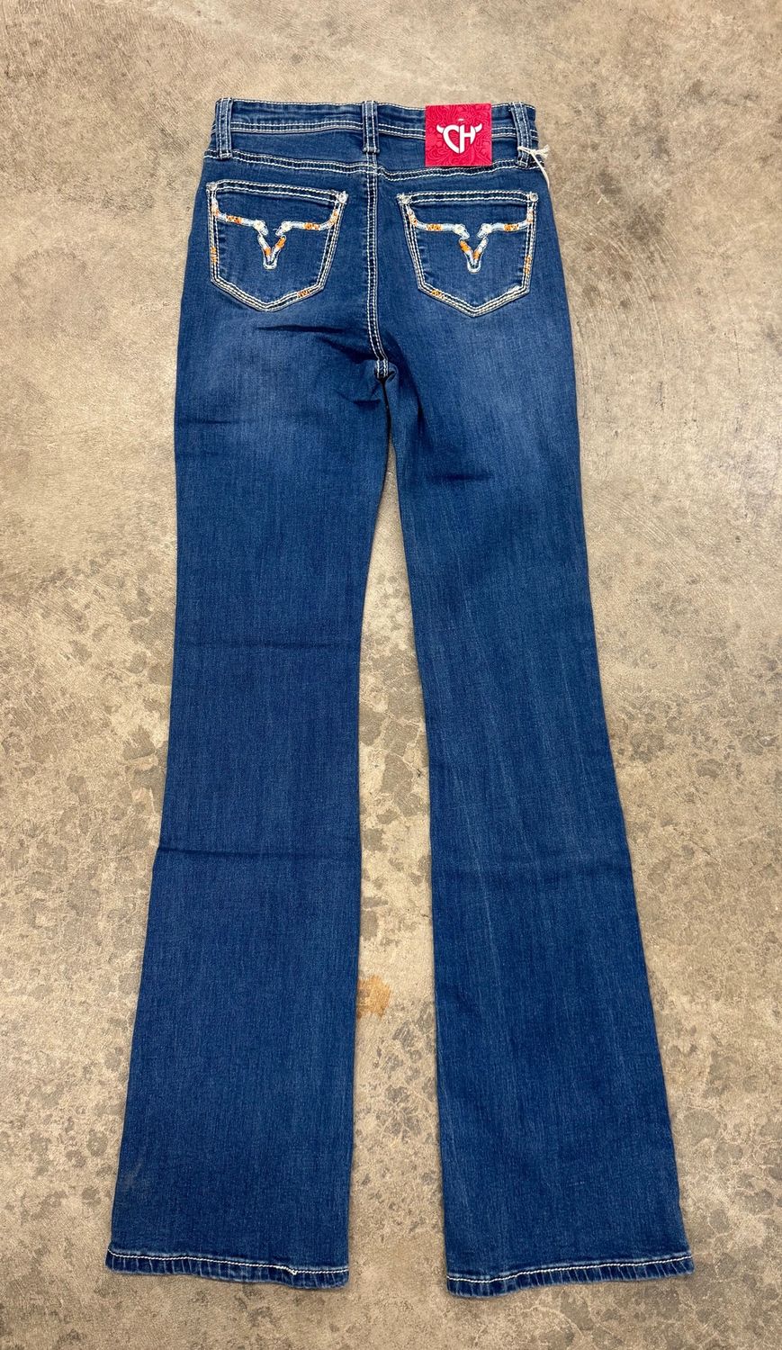 202207-450 JUNIORS COWGIRL HARDWARE MEDIUM WASH AZTEC STEER JEAN