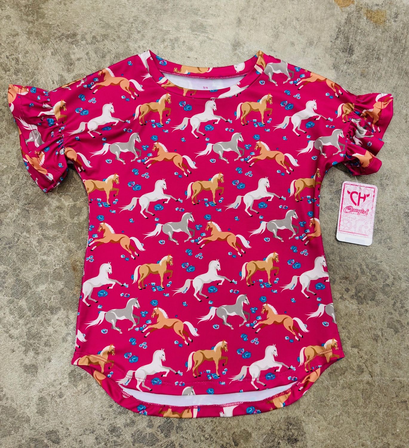 435902-150 YOUTH GIRL&#39;S HORSE &amp; FLOWERS CREW BELL SLEEVE - PINK