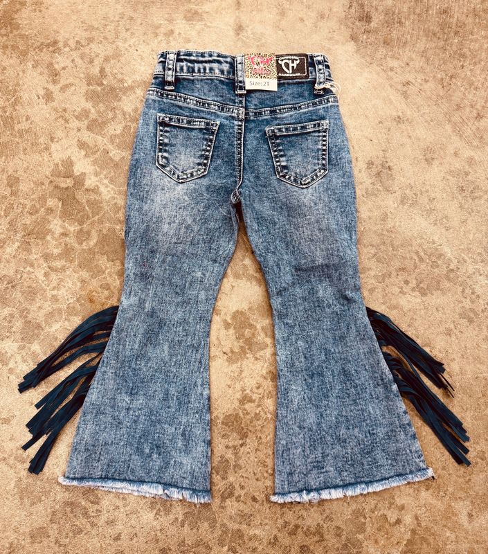 802239-459 TODDLER COWGIRL HARDWARE LIGHT WASH SIDE FRINGE FLARE JEAN