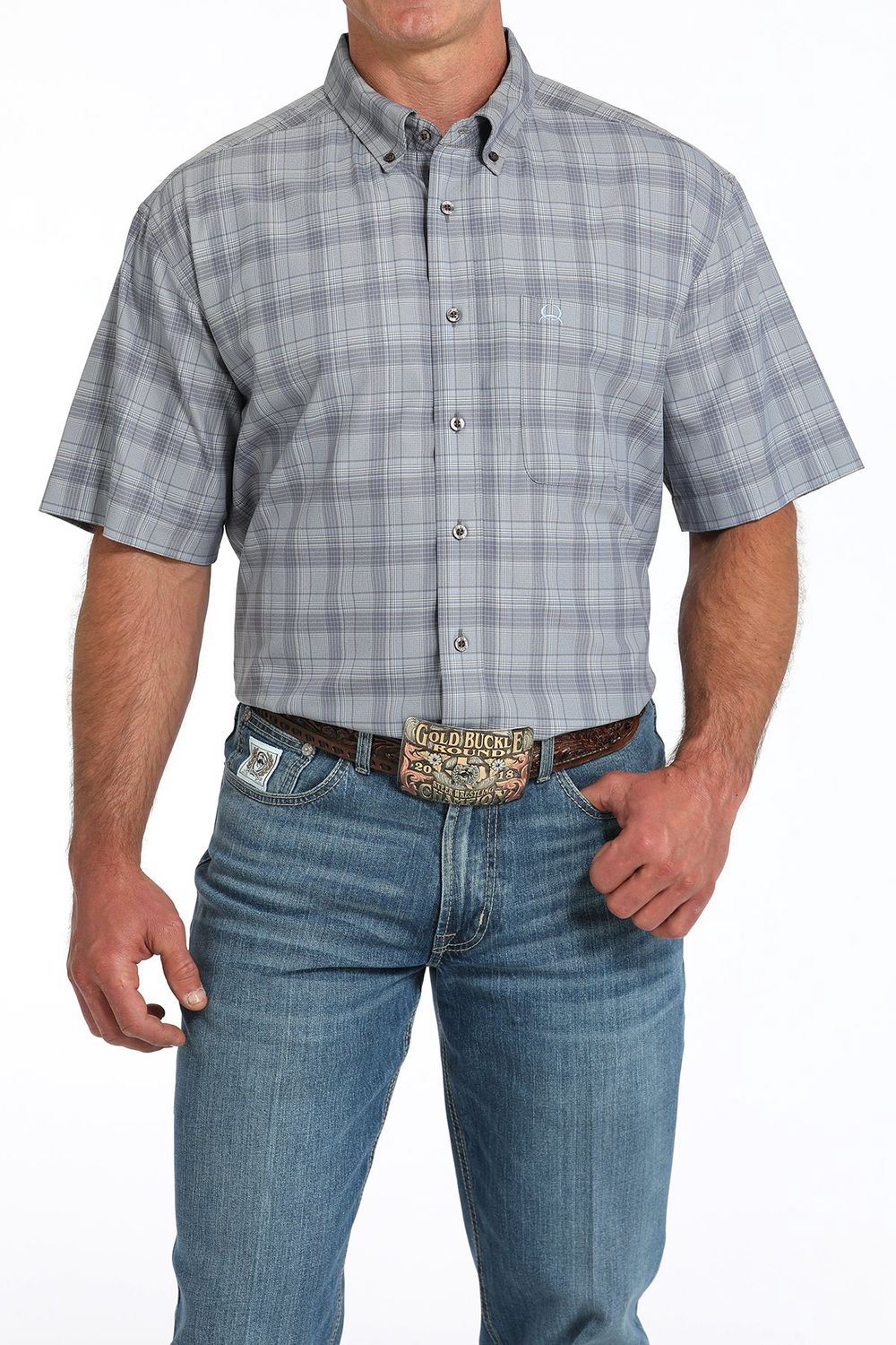 MTW1704153 MEN&#39;S CINCH GRAY PLAID ARENA FLEX SHORT-SLEEVE BUTTON DOWN WESTERN SHIRT