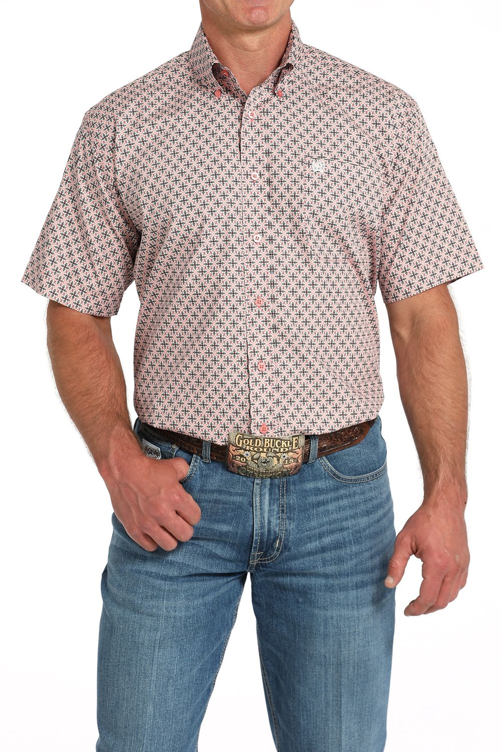 MTW1111481 MEN&#39;S CINCH PINK PRINT SHORT-SLEEVE WESTERN BUTTON DOWN SHIRT