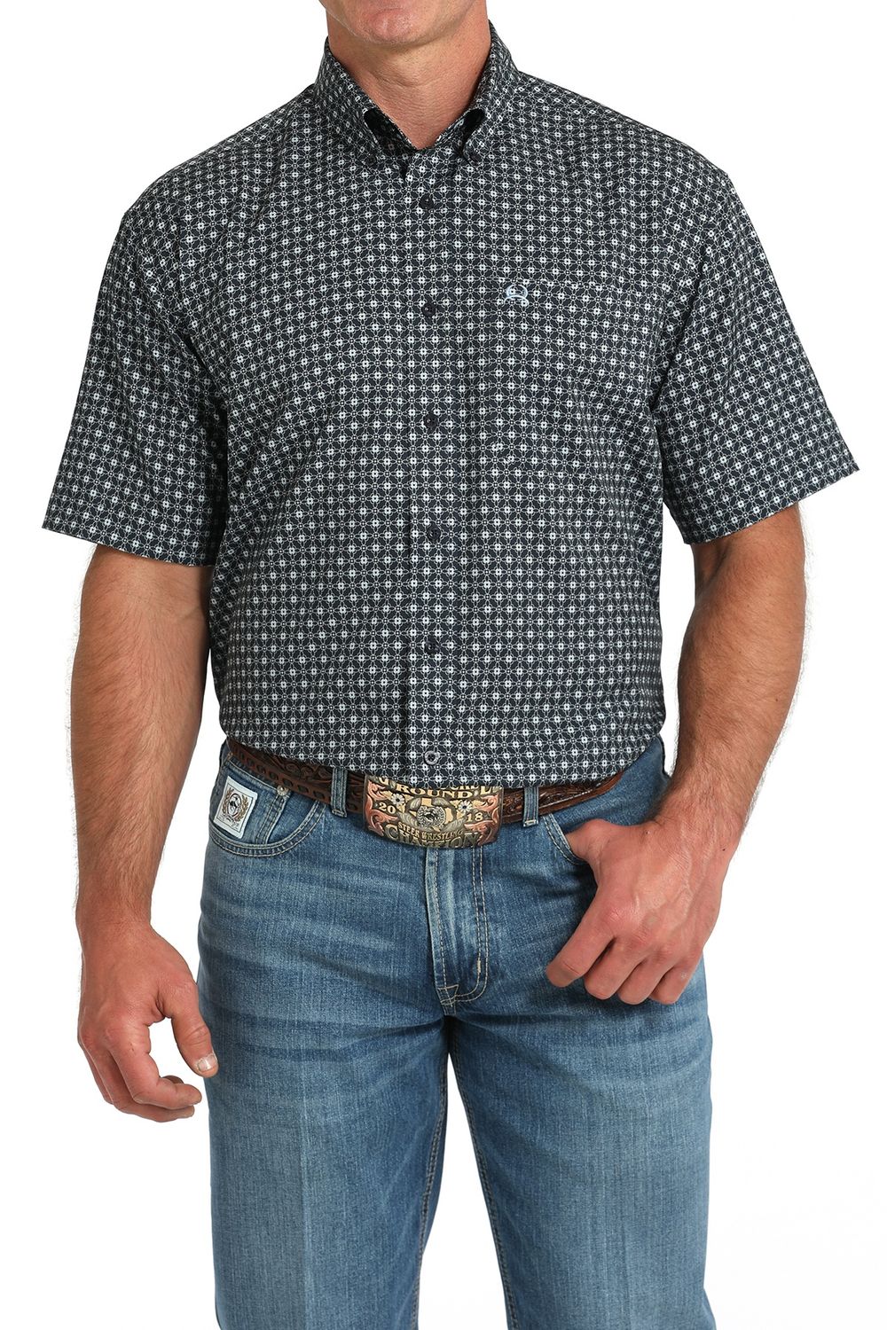 MTW1704154 MEN&#39;S CINCH NAVY PRINT ARENA FLEX SHORT-SLEEVE BUTTON DOWN WESTERN SHIRT