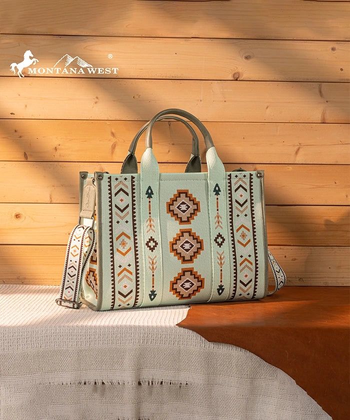 MW1333-8113 MONTANA WEST AZTEC RETRO ARROWS DUAL SIDED PRINT LARGE TOTE / CROSSBODY - GREEN