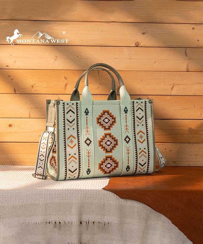 MW1333-8113 MONTANA WEST AZTEC RETRO ARROWS DUAL SIDED PRINT LARGE TOTE / CROSSBODY - GREEN