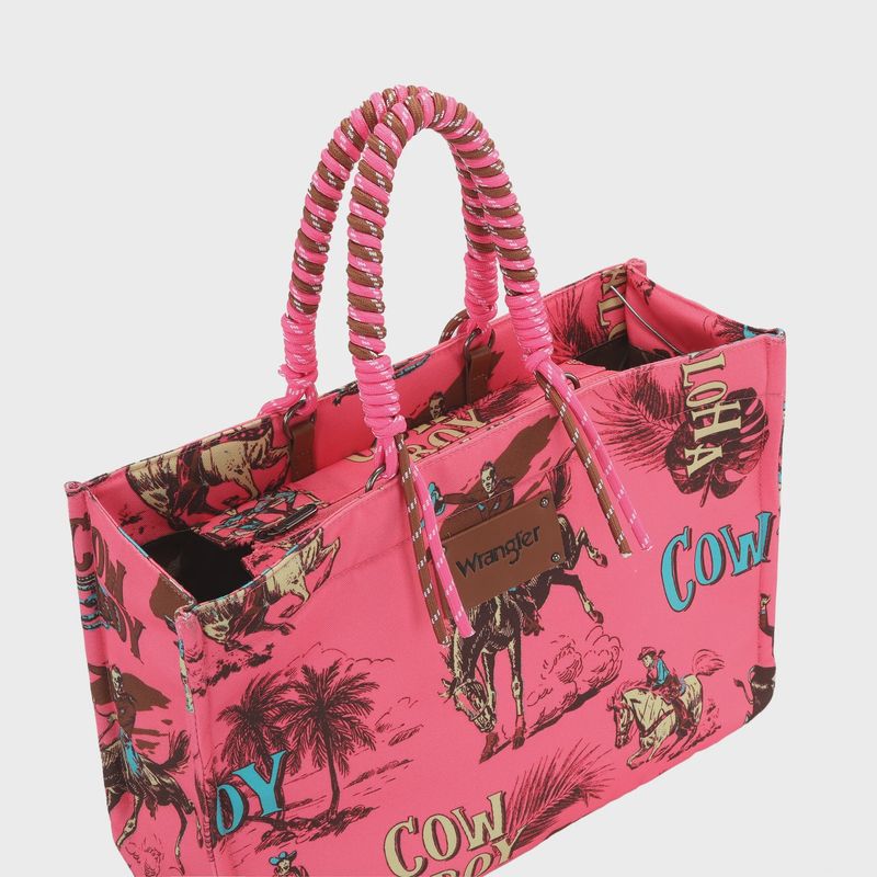 WG284D-8119 WRANGLER COWBOY DUAL SIDED PRINT CANVAS WIDE TOTE - HOT PINK