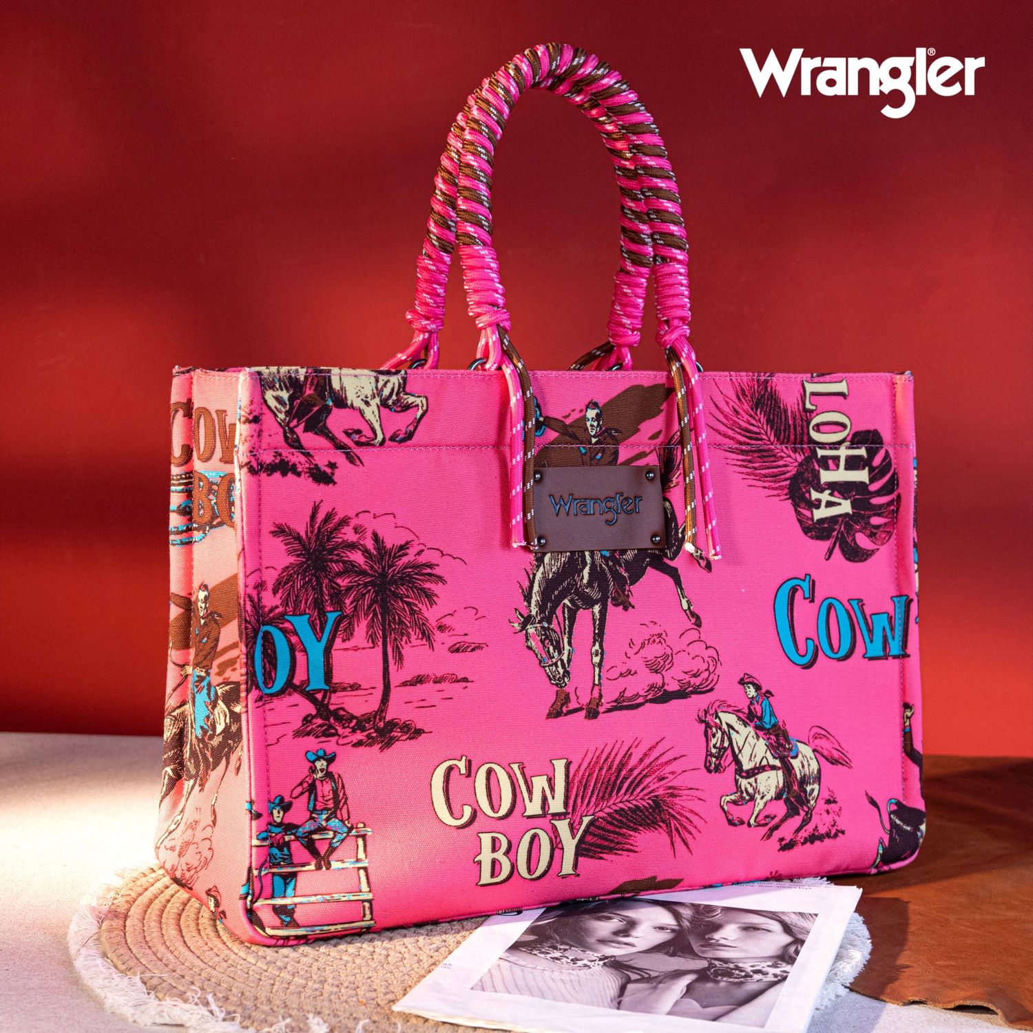 WG284D-8119 WRANGLER COWBOY DUAL SIDED PRINT CANVAS WIDE TOTE - HOT PINK