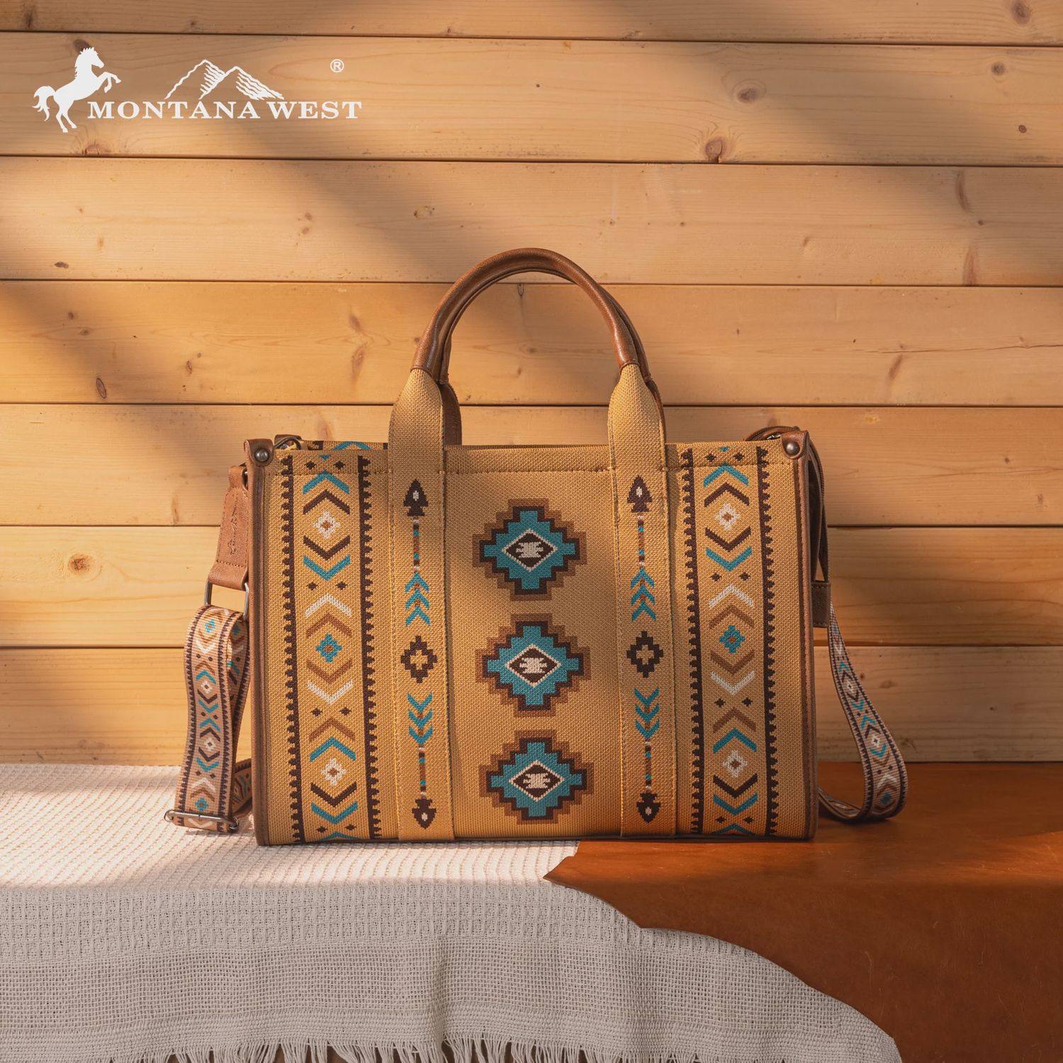 MW1333-8113 MONTANA WEST AZTEC RETRO ARROWS DUAL SIDED PRINT LARGE TOTE/CROSSBODY - BROWN