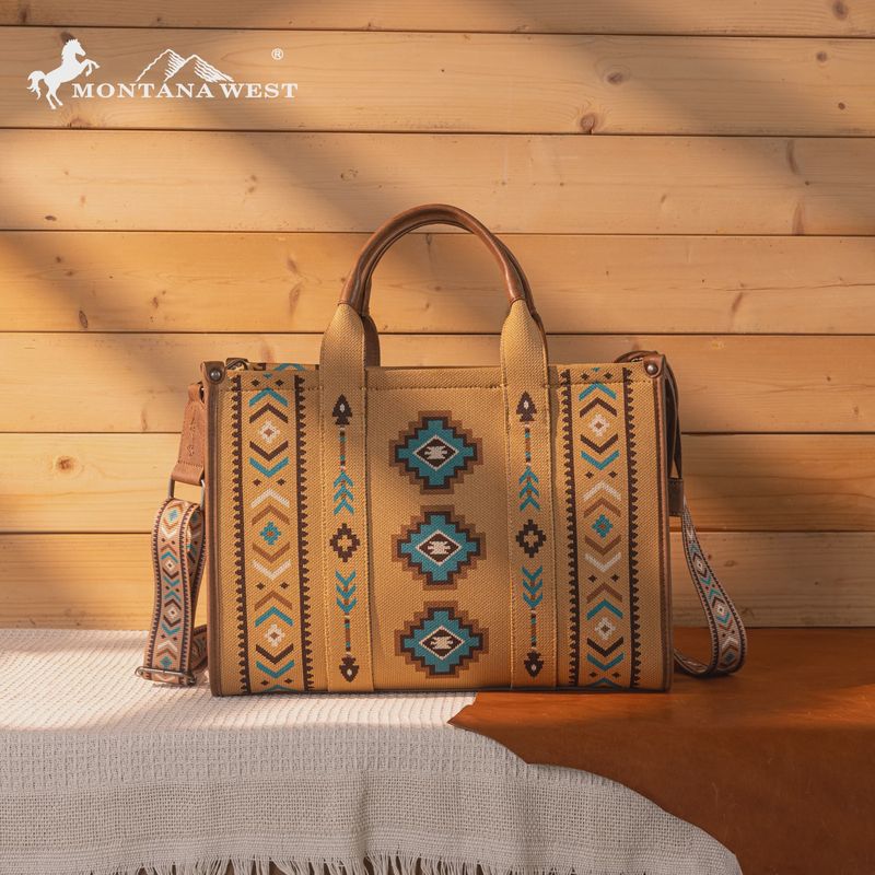 MW1333-8113 MONTANA WEST AZTEC RETRO ARROWS DUAL SIDED PRINT LARGE TOTE/CROSSBODY - BROWN
