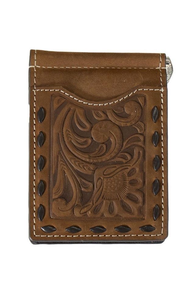 N5415602 NOCONA BROWN TOOLED SLIM FOLD MONEY CLIP BI-FOLD WALLET