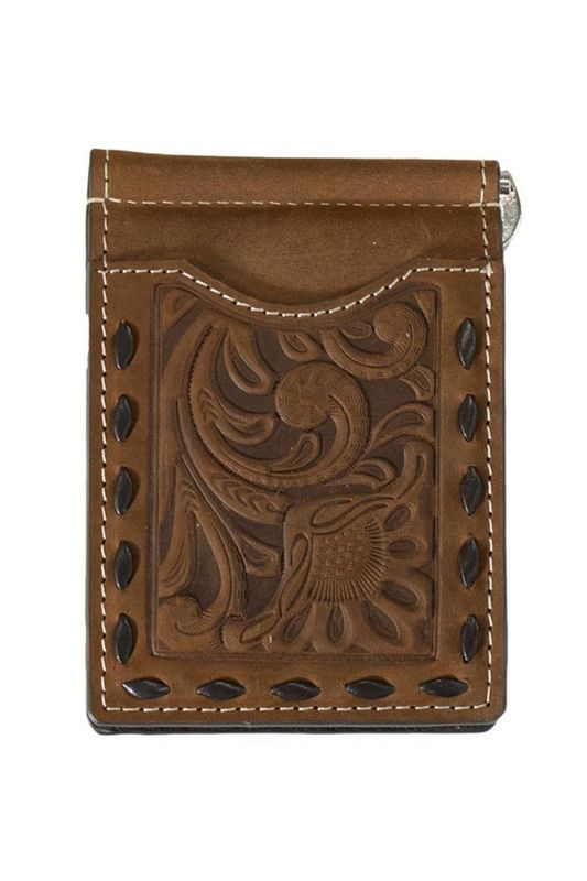 N5415602 NOCONA BROWN TOOLED SLIM FOLD MONEY CLIP BI-FOLD WALLET