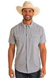 TMN3S05724 MEN&#39;S PANHANDLE ROUGH STOCK AQUA 2-POCKET SHORT-SLEEVE PEARL SNAP WESTERN SHIRT