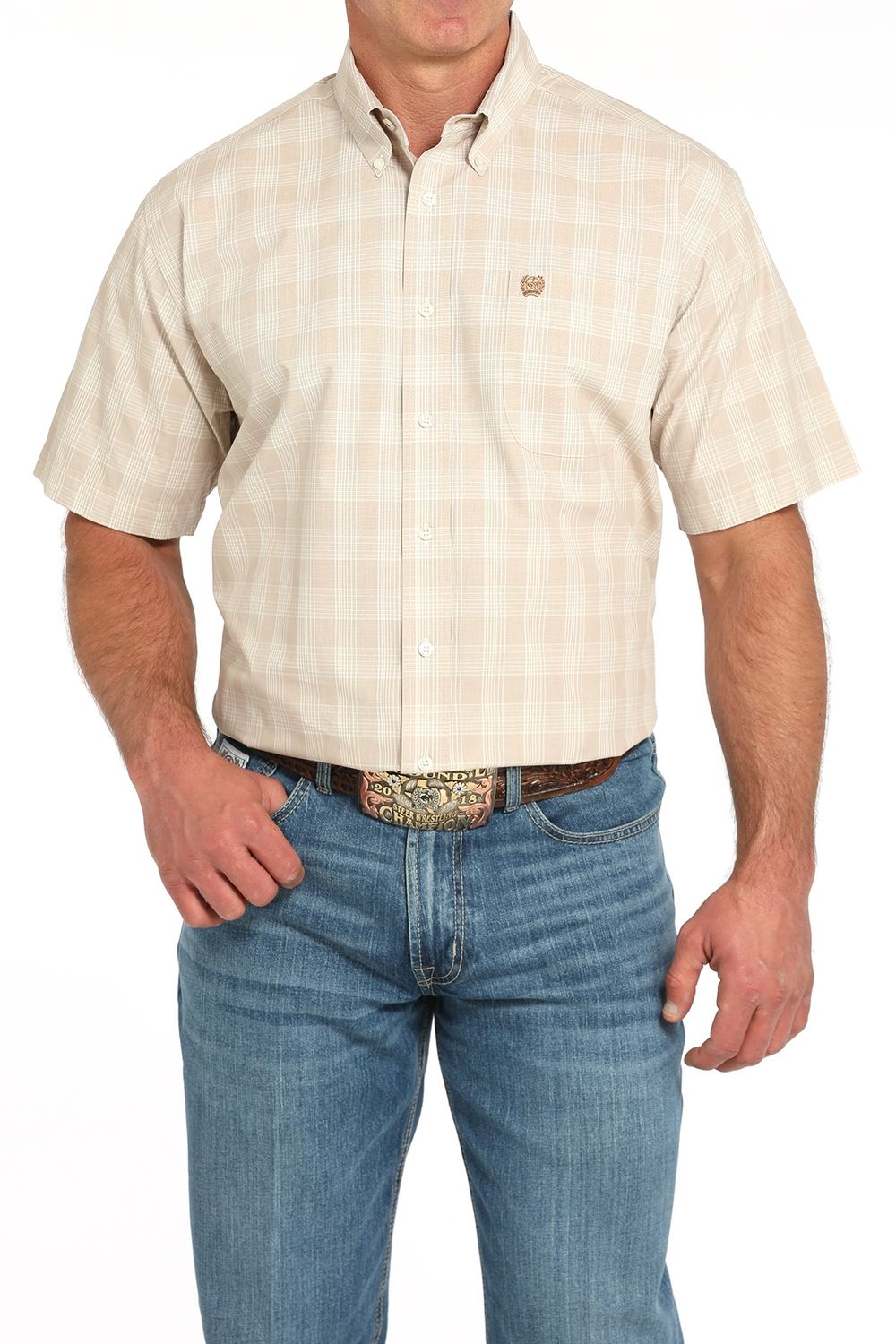 MTW1111489 MEN&#39;S CINCH KHAKI SHORT-SLEEVE PLAID BUTTON- DOWN WESTERN SHIRT