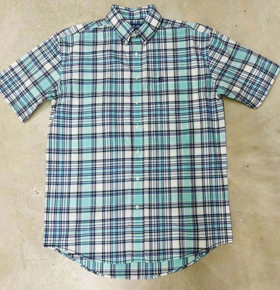 RMB3S05674 MEN&#39;S PANHANDLE ROUGH STOCK BLUE PLAID SHORT-SLEEVE BUTTON-DOWN WESTERN SHIRT