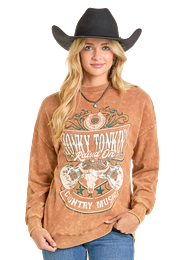 BW91T07334 WOMEN&#39;S ROCK &amp; ROLL RUST &quot;HONKY TONKIN&#39; COUNTRY MUSIC&quot; GRAPHIC PULLOVER