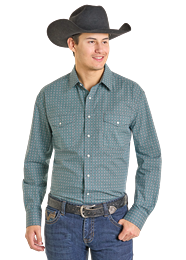 SMN2S07405 MEN&#39;S PANHANDLE TURQUOISE PRINT LONG-SLEEVE SNAP WESTERN SHIRT