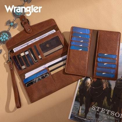 WG195-W054BR WOMEN'S WRANGLER WESTERN COW PRINT TRI-FOLD - RFID PROTECTED - WALLET / WRISTLET WITH DETACHABLE CREDIT CARD HOLDER / CHECKBOOK COVER