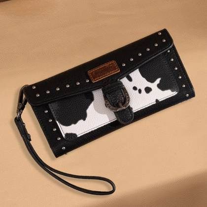 WG195-W054BK WOMEN&#39;S WRANGLER WESTERN COW PRINT TRI-FOLD - RFID PROTECTED - WALLET / WRISTLET WITH DETACHABLE CREDIT CARD HOLDER / CHECKBOOK COVER