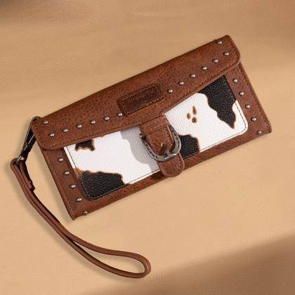 WG195-W054BR WOMEN&#39;S WRANGLER WESTERN COW PRINT TRI-FOLD - RFID PROTECTED - WALLET / WRISTLET WITH DETACHABLE CREDIT CARD HOLDER / CHECKBOOK COVER