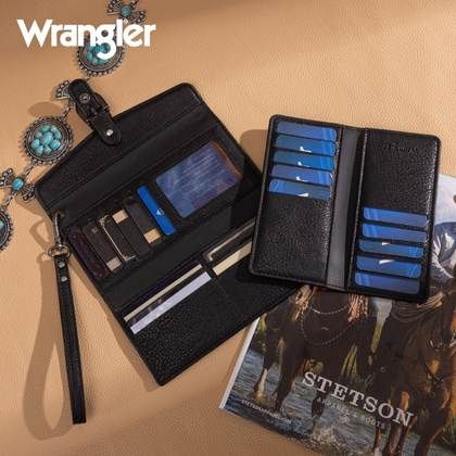 WG195-W054BK WOMEN'S WRANGLER WESTERN COW PRINT TRI-FOLD - RFID PROTECTED - WALLET / WRISTLET WITH DETACHABLE CREDIT CARD HOLDER / CHECKBOOK COVER