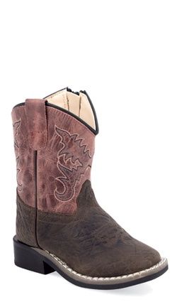 BSI1993 INFANT JAMA OLD WEST DARK BROWN BULL HIDE PRINT FOOT &amp; LIGHT BROWN CACTUS LEATHER SHAFT SQUARE-TOE WESTERN BOOT W/ SIDE ZIPPER