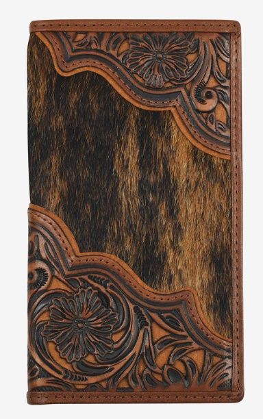 2512395663 MEN&#39;S JUSTIN GENUINE LEATHER RODEO WALLET W/ FLORAL TOOLING &amp; BRINDLE HAIR ON