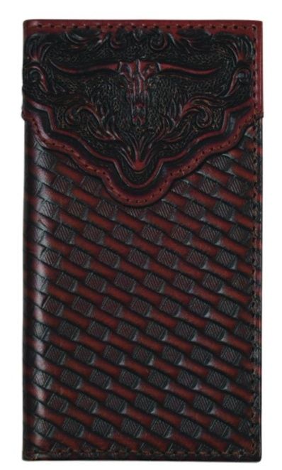 2512394811 MEN&#39;S JUSTIN GENUINE LEATHER JR. RODEO WALLET W/ EMBOSSED YOKE W/ BASKETWEAVE &amp; STEERHEAD