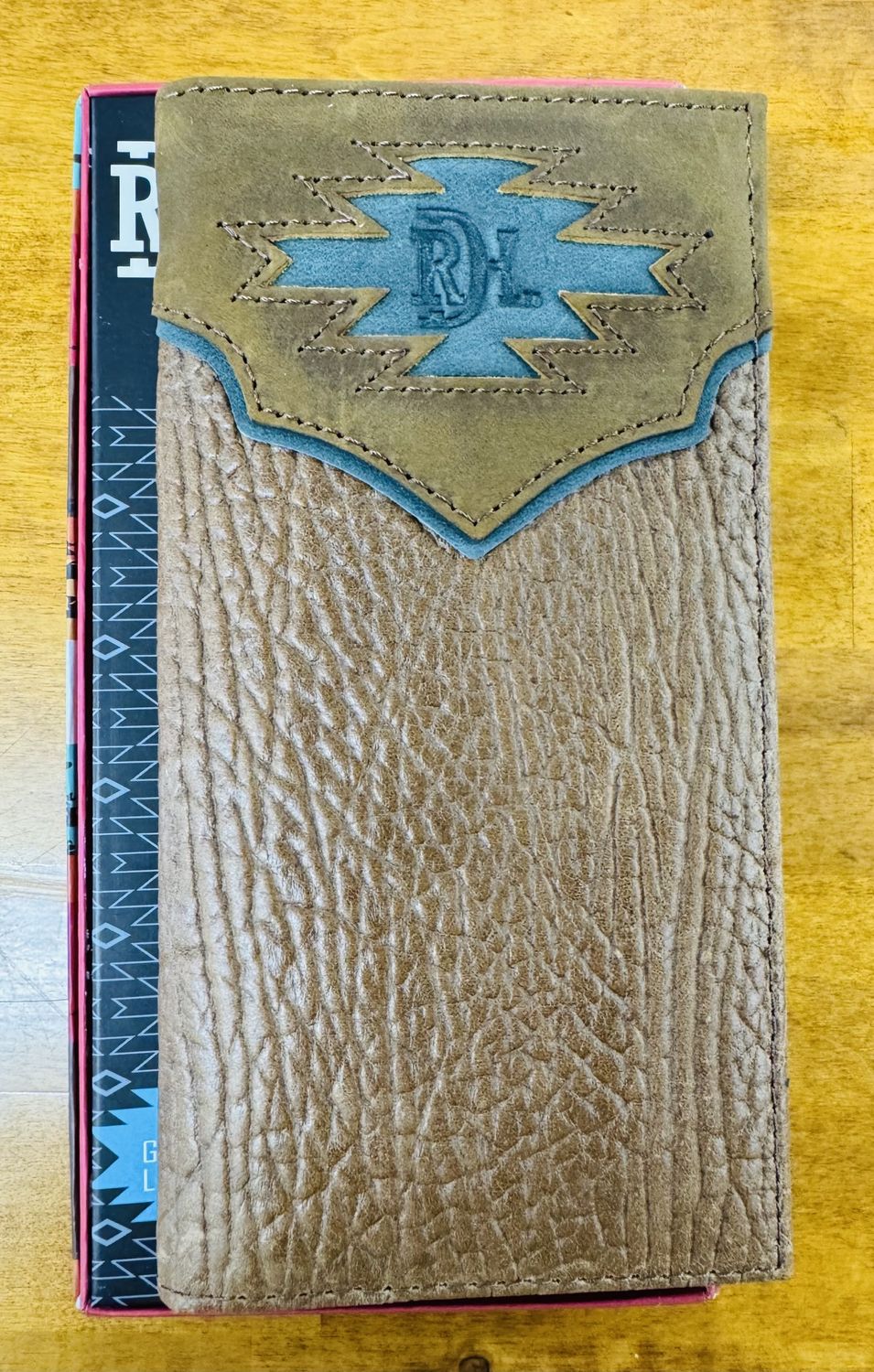 2510138766 RED DIRT HAT CO. LEATHER RODEO WALLET W/ YOKE &amp; TEAL INLAY